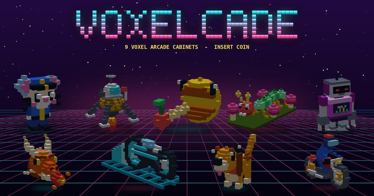 Voxelcade: a 3D voxel arcade featuring Chippy, Lunar, Glutton, Bug, Voxeltron, Undervox, Quantum, Fleabus and Voxelbike cabinets